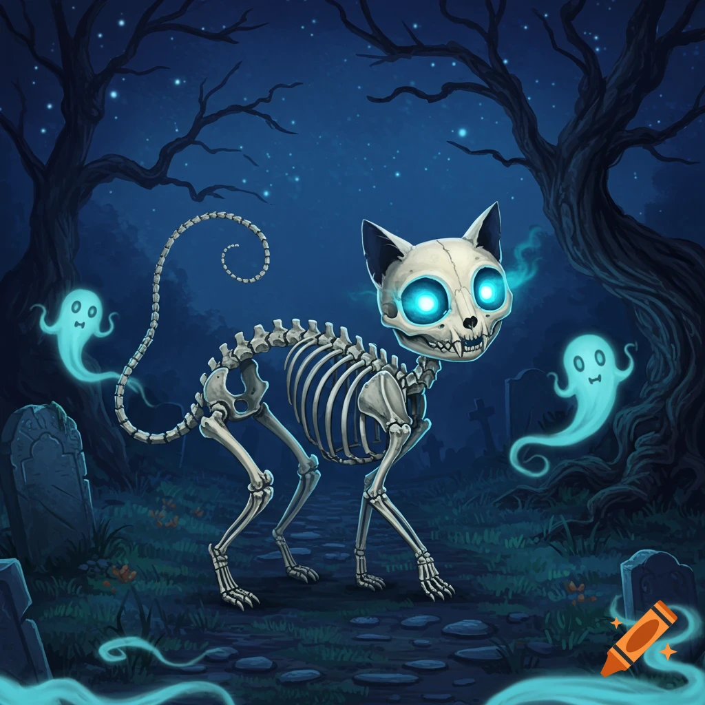 A stylized illustration of a skeleton cat with glowing blue eyes, walking in a dark graveyard with cartoon ghosts and old trees.