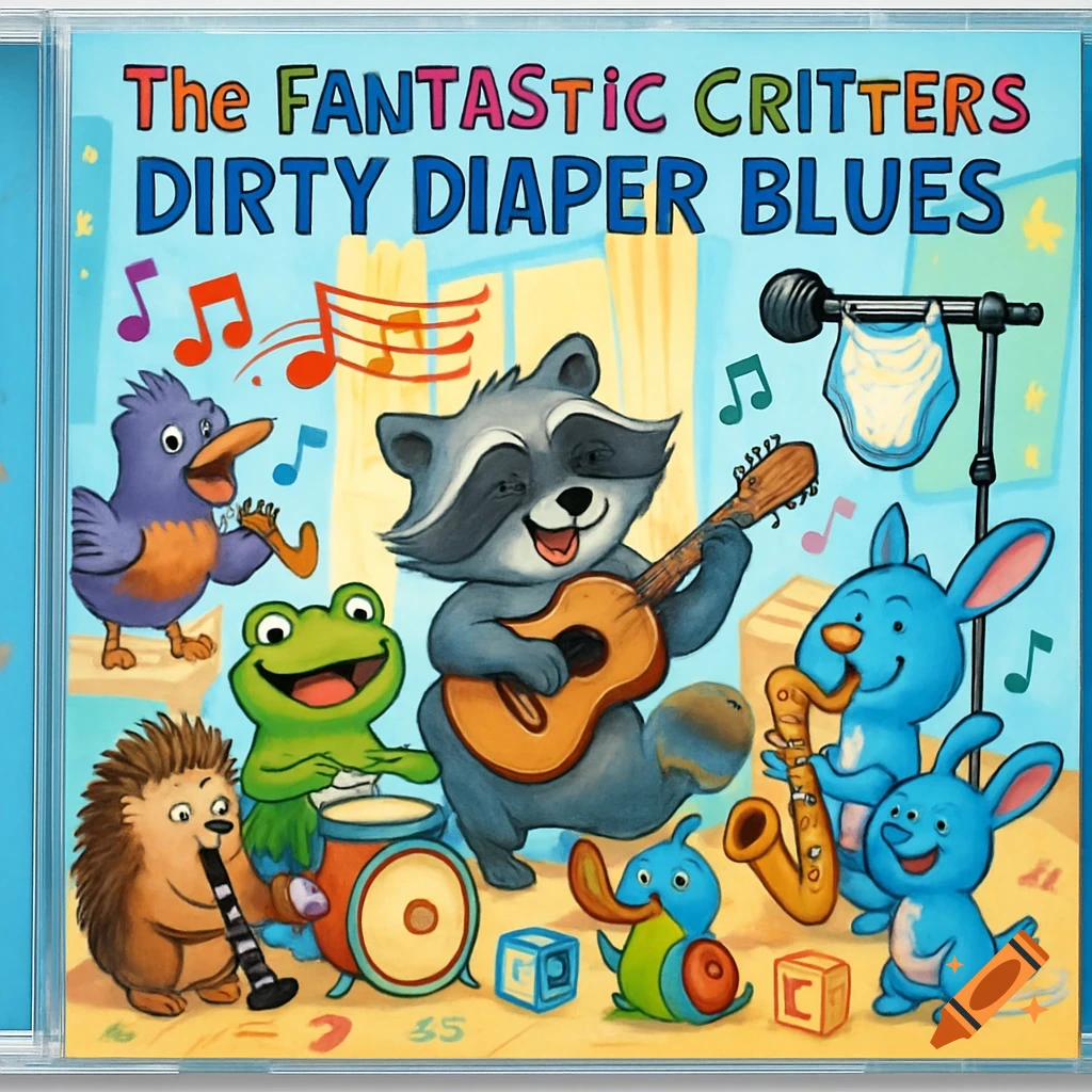 Cartoon CD cover featuring forest animals playing instruments, with 'The FANTASTIC CRITTERS DIRTY DIAPER BLUES' title.