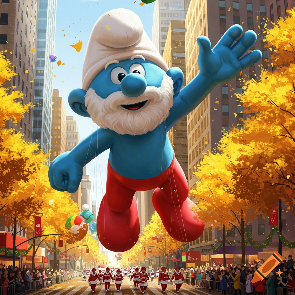 A giant Papa Smurf balloon floats above a city street filled with spectators and marching Santas during an autumn parade.