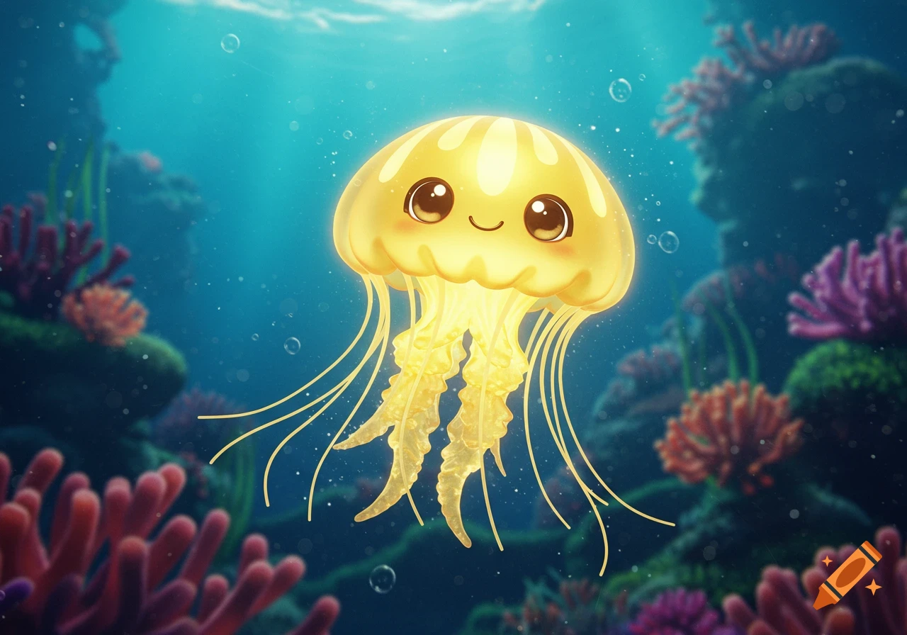 A cheerful, glowing yellow Pixar-style jellyfish with sparkly eyes and a smile in an enchanted underwater scene with coral.