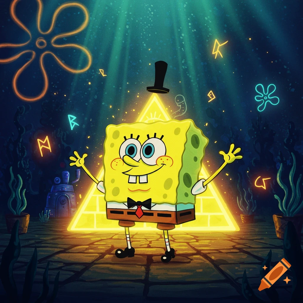 Spongebob Squarepants as Bill Cipher, a glowing yellow triangular entity with a top hat and bow tie, in a dark, mystical underwater scene.