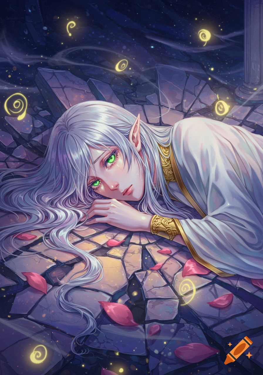 Anime-style elf or goddess with long silver hair and green eyes lies sadly on broken stone, surrounded by glowing particles and pink petals.