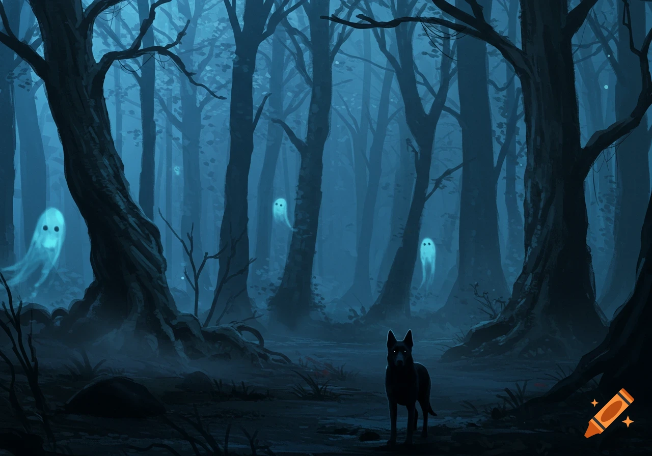 A black dog stands in a dark, misty forest with several glowing, cute ghosts floating among the trees, in a digital painting style.