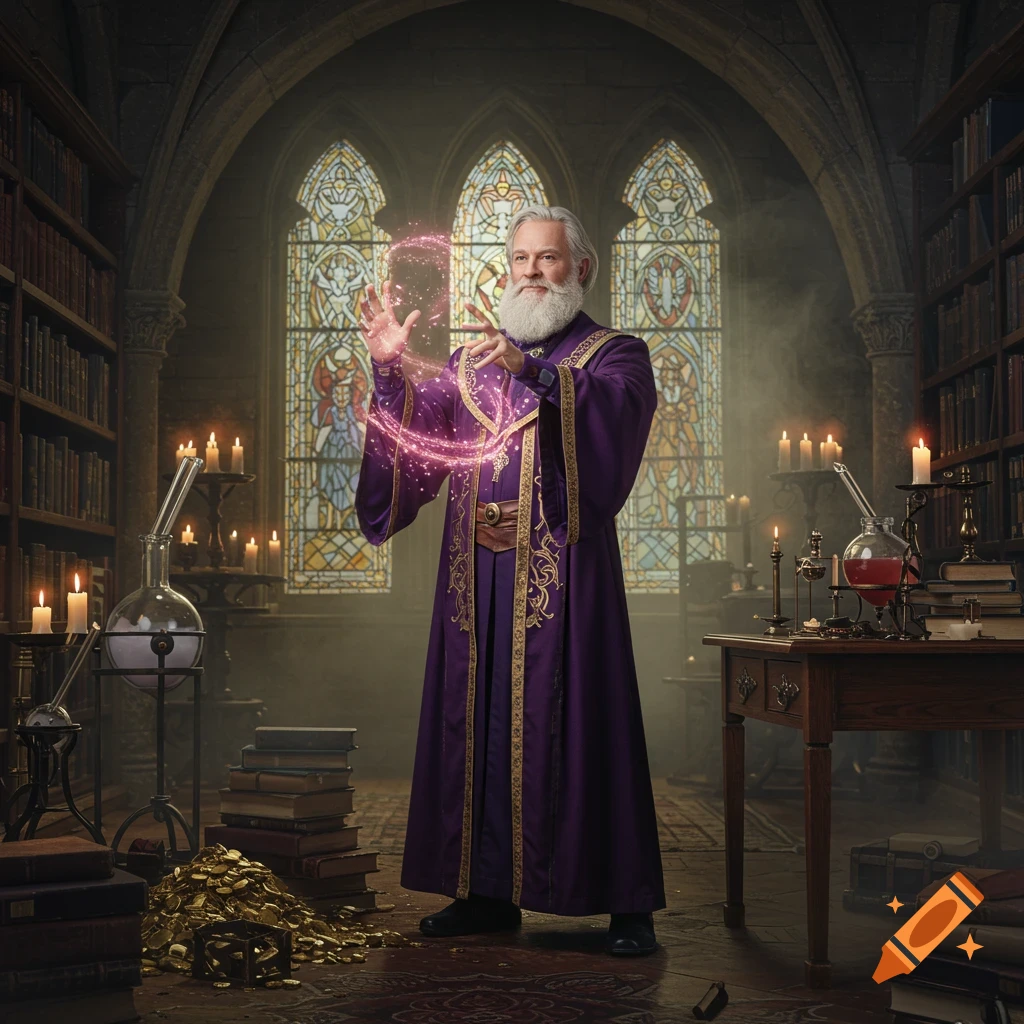 Photorealistic image of a white-bearded wizard in a purple robe casting a pink spell in a gothic library with books and gold.