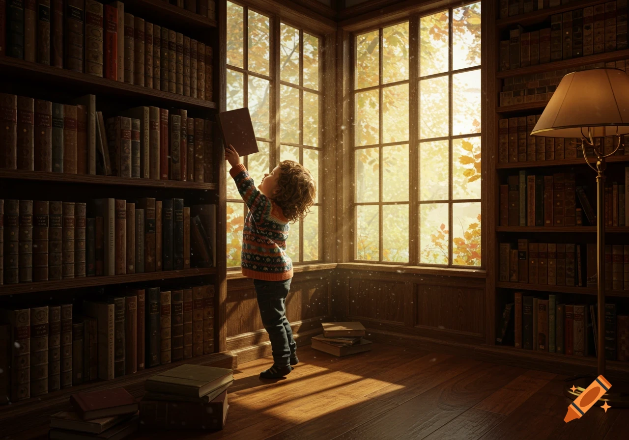 A young child in a cozy library reaches for a book on a tall shelf, bathed in warm light from a large window.