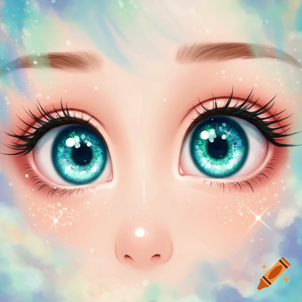 Close-up of sparkling, wide blue-green anime eyes with long lashes, framed by soft pastel colors.