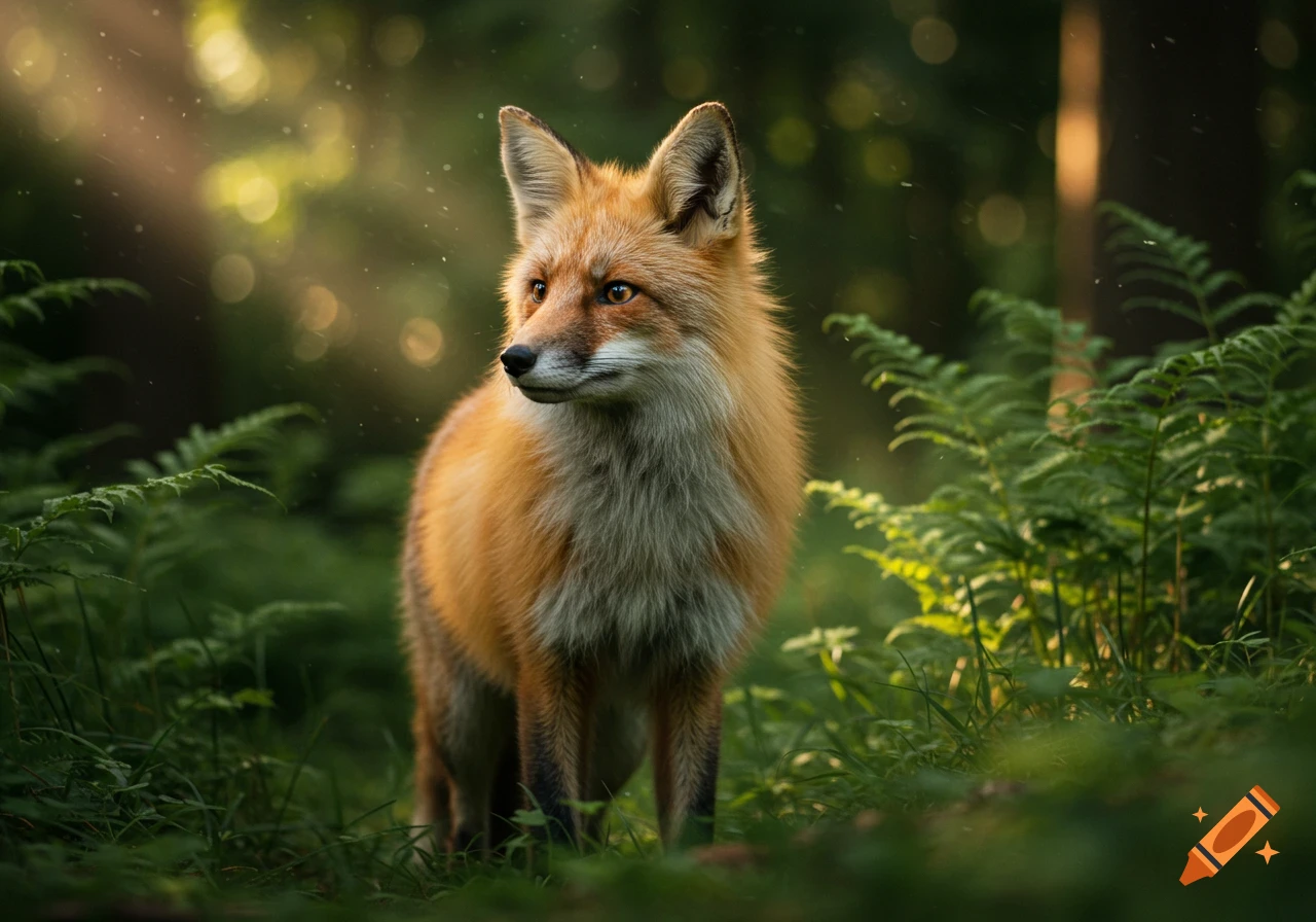 A photorealistic red fox stands alert in a dappled, sunlit green forest, looking to the left.