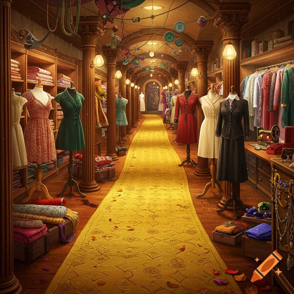 A whimsical, richly decorated clothing store with a yellow carpet, mannequins displaying dresses, fabric shelves, and ornate details.