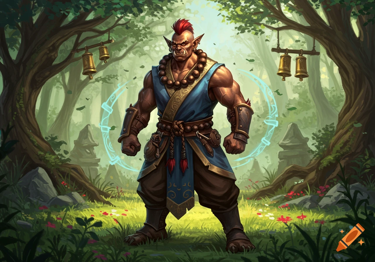 A muscular half-orc gnoll monk with a red mohawk and tusks stands in a lush fantasy forest with ancient bells, digital illustration.