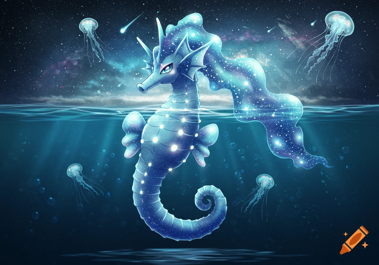 A glowing blue galaxy-patterned seahorse creature, partly in water with jellyfish, under a cosmic night sky.