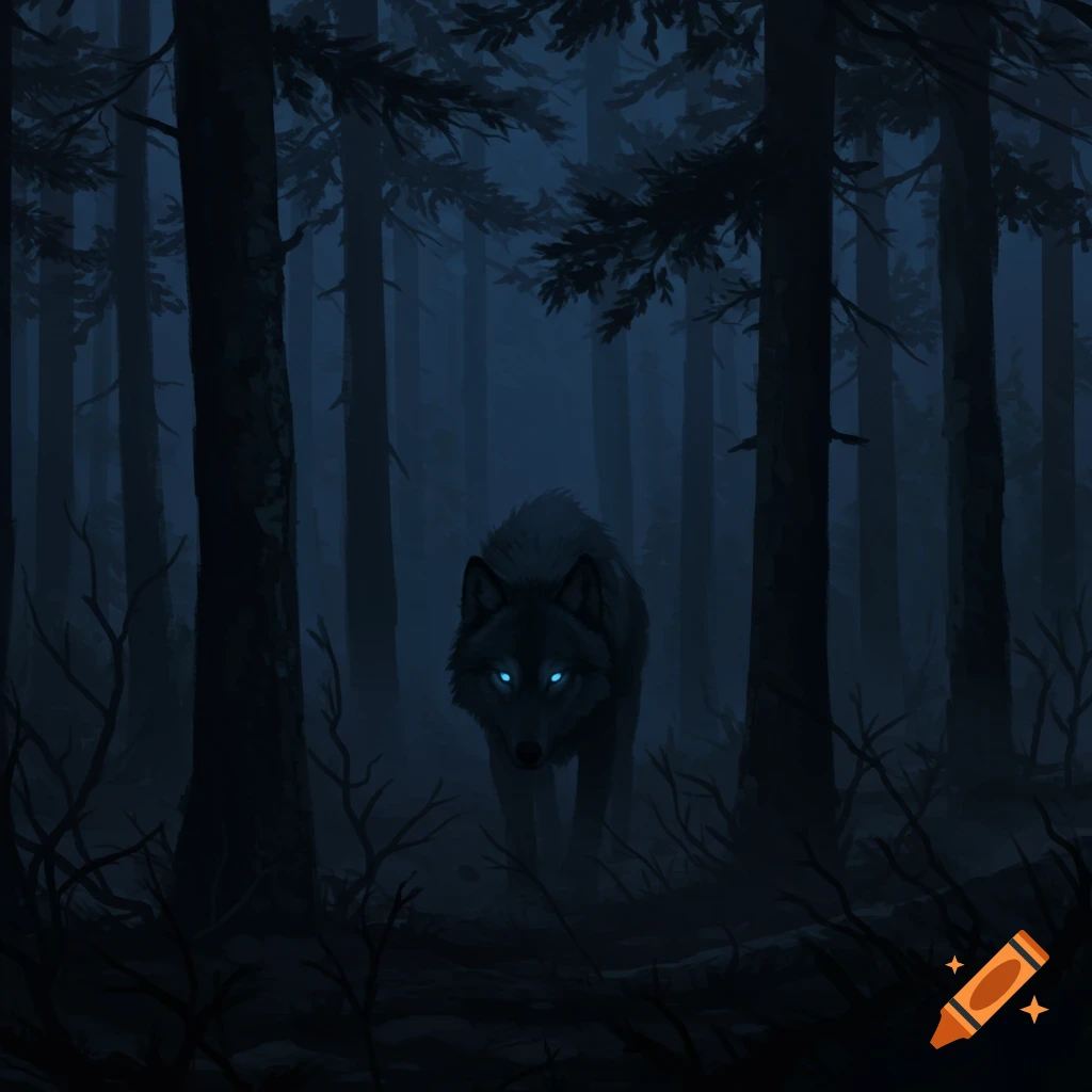 A dark wolf with piercing blue eyes emerges from a misty, moonlit forest.