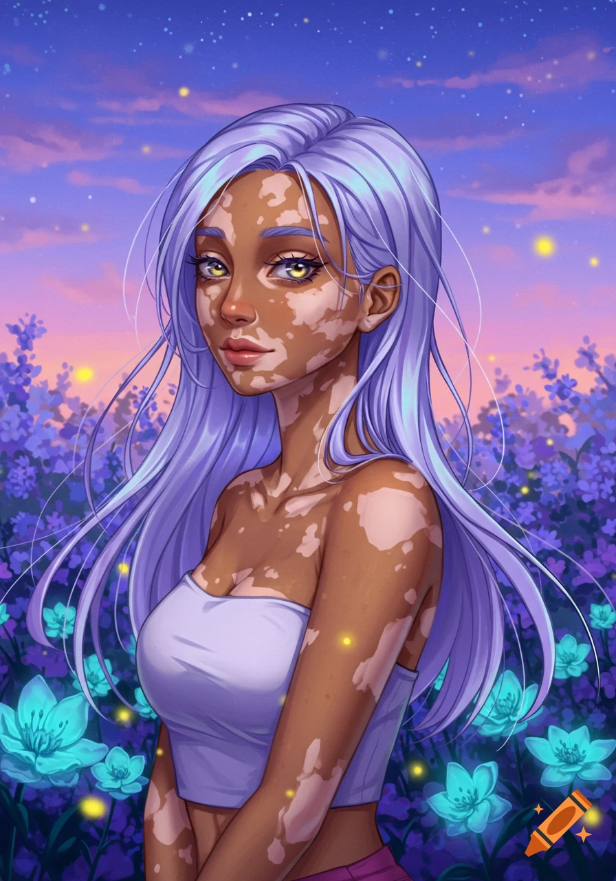 Anime illustration of a girl with vitiligo, long purple hair, and yellow eyes, in a tube top amidst glowing purple flowers under a pastel sky.