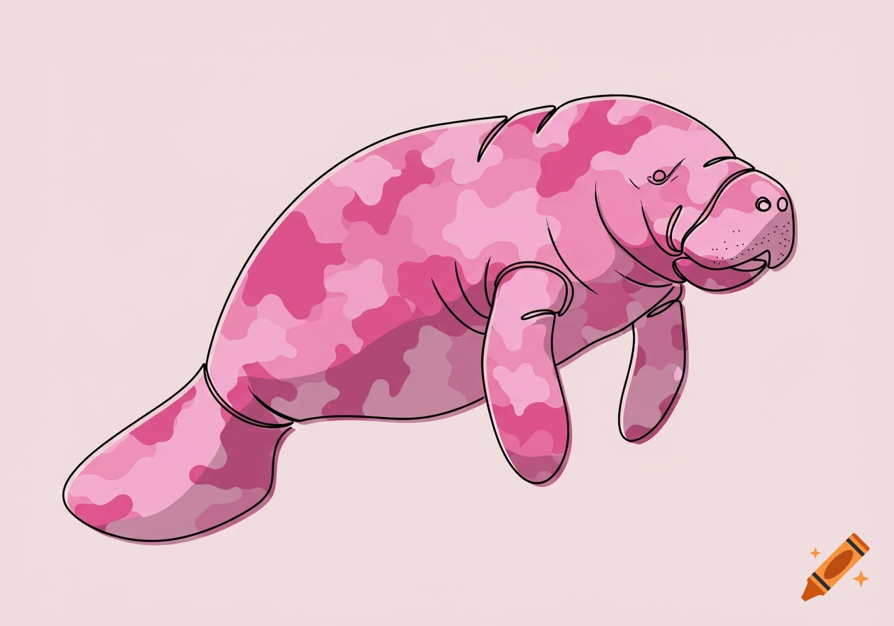 Pink camouflage manatee line art illustration on a light background.