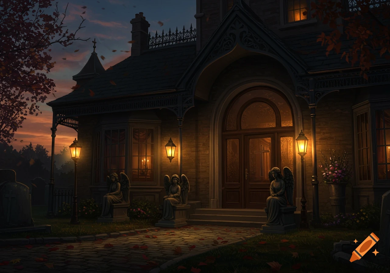 A gothic house at dusk with glowing lanterns, angel statues, fallen leaves, and gravestones nearby, creating a spooky atmosphere.