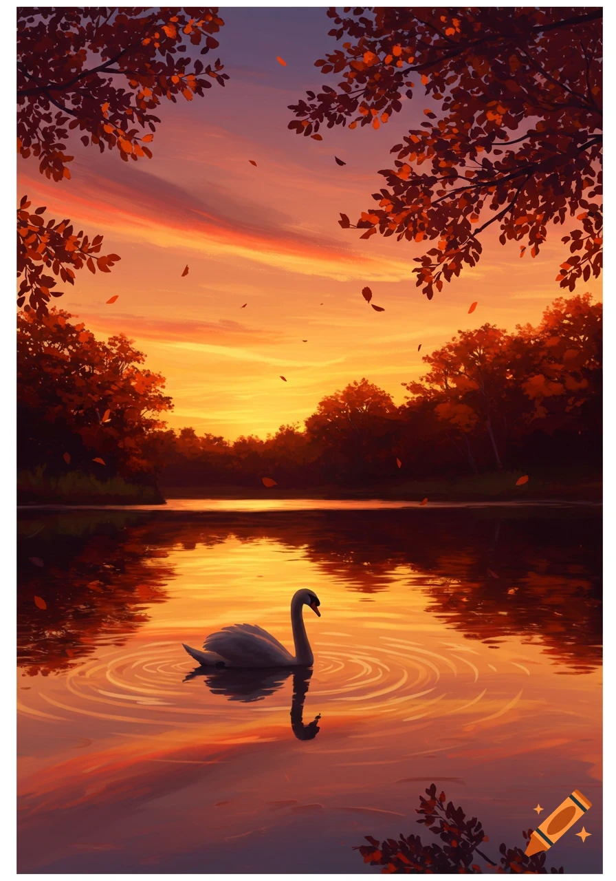 A swan gracefully glides on a serene lake, reflecting the vibrant orange and purple hues of an autumn sunset over forested banks.