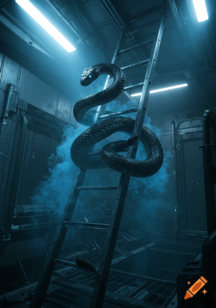 A dark, scaly snake with glowing eyes coiled around a metal ladder in a smoke-filled, blue-lit sci-fi environment.