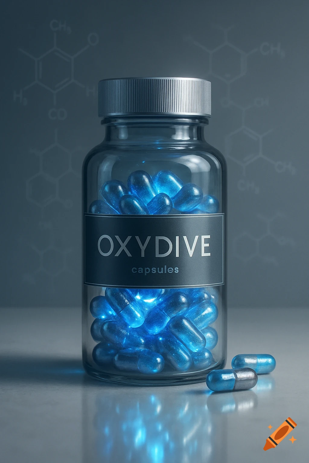 Photorealistic image of a glass bottle labeled 'OXYDIVE' filled with glowing blue capsules, with two capsules spilled on a reflective surface.