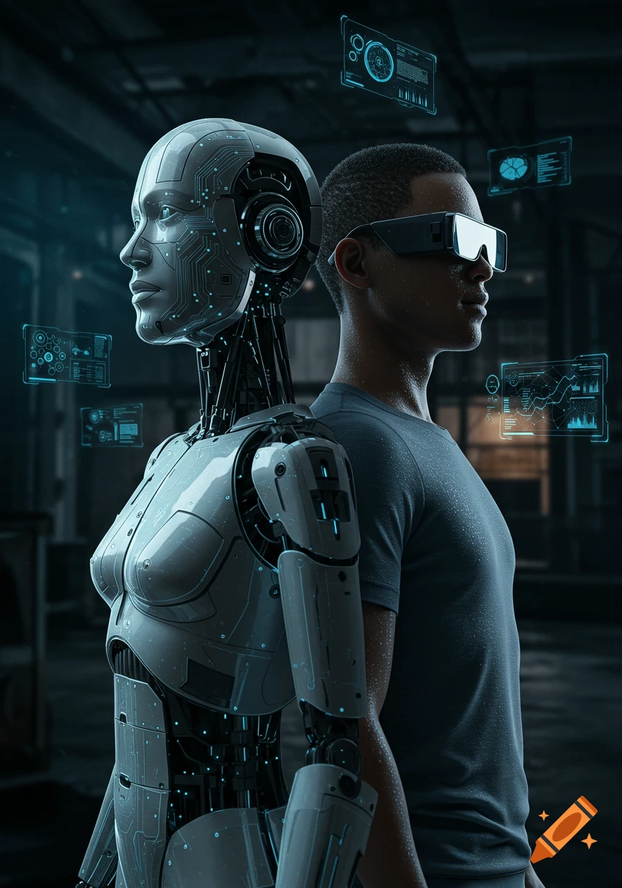 Photorealistic robot and man with VR glasses standing back-to-back, surrounded by glowing holographic interfaces.