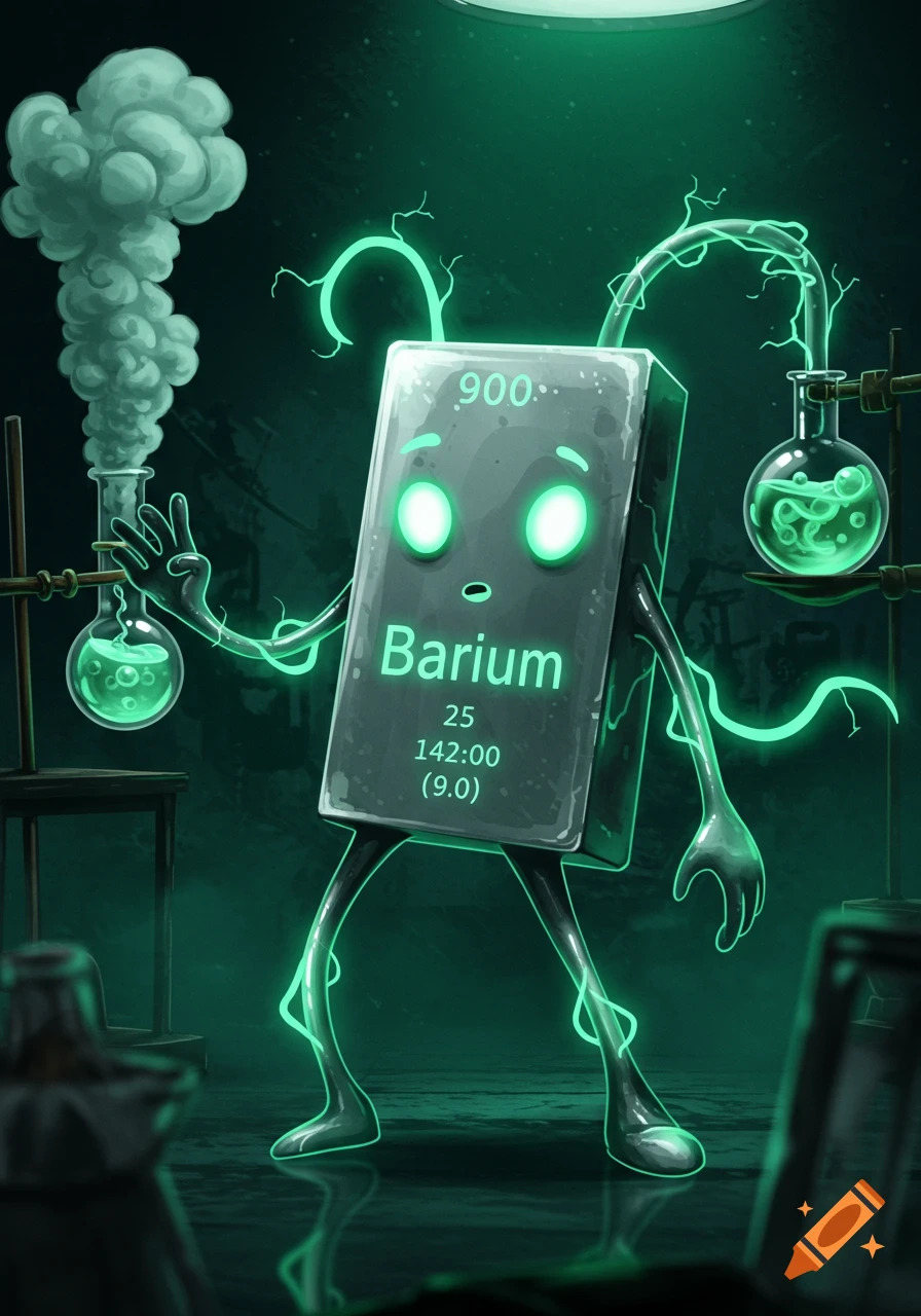 A cartoon Barium element character with glowing eyes and electrical tendrils stands in a glowing green laboratory with beakers.