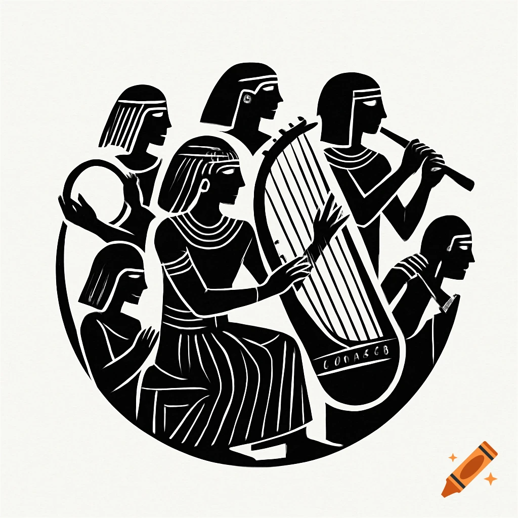 Black and white logo of stylized ancient Egyptian figures playing a harp, flute, and tambourine.