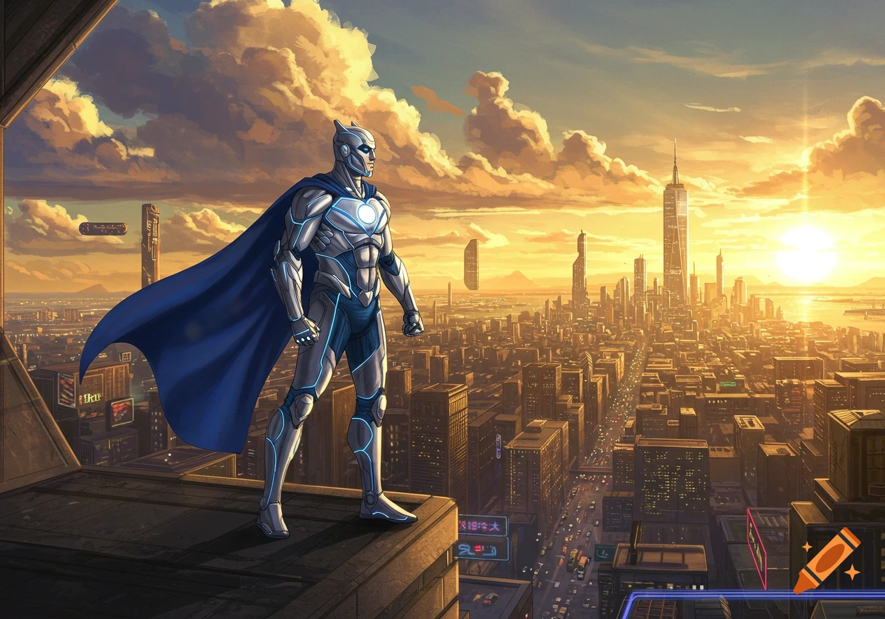 A superhero in a silver and blue suit with a cape stands on a futuristic city rooftop at sunset.