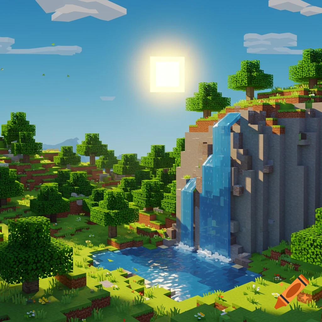 Vibrant blocky landscape in Minecraft style with a waterfall, river, green trees, hills, and a bright square sun.