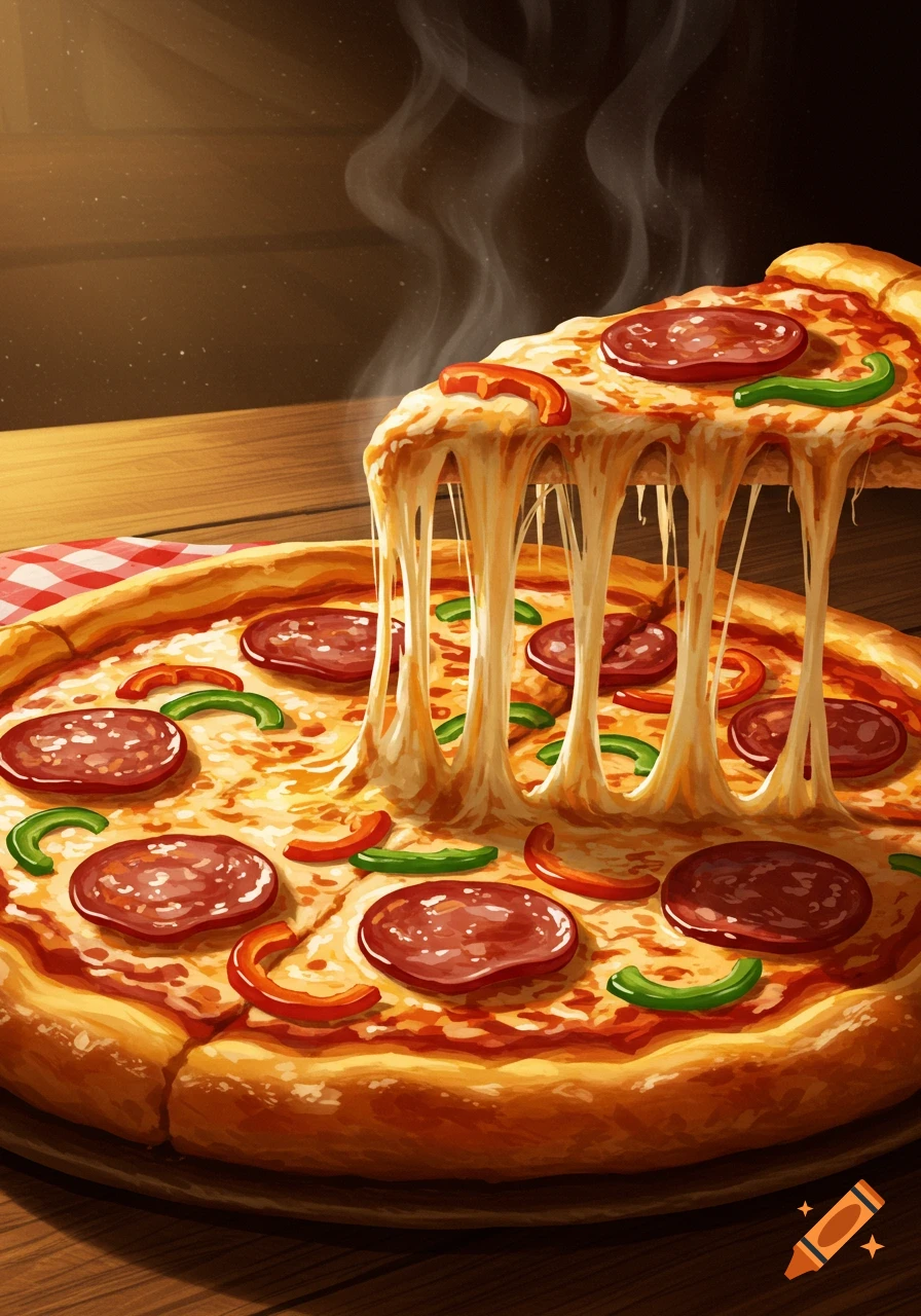 Stylized illustration of a hot pizza with pepperoni, bell peppers, and long, stretchy cheese being pulled from a slice.