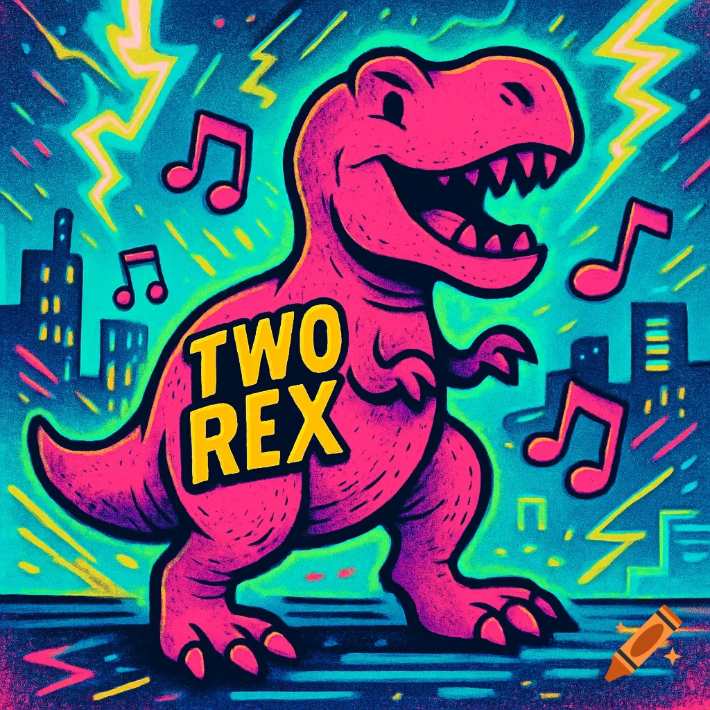 Vibrant cartoon of a pink T-Rex with "TWO REX" on its side, surrounded by music notes, set against a dark city background with lightning bolts.