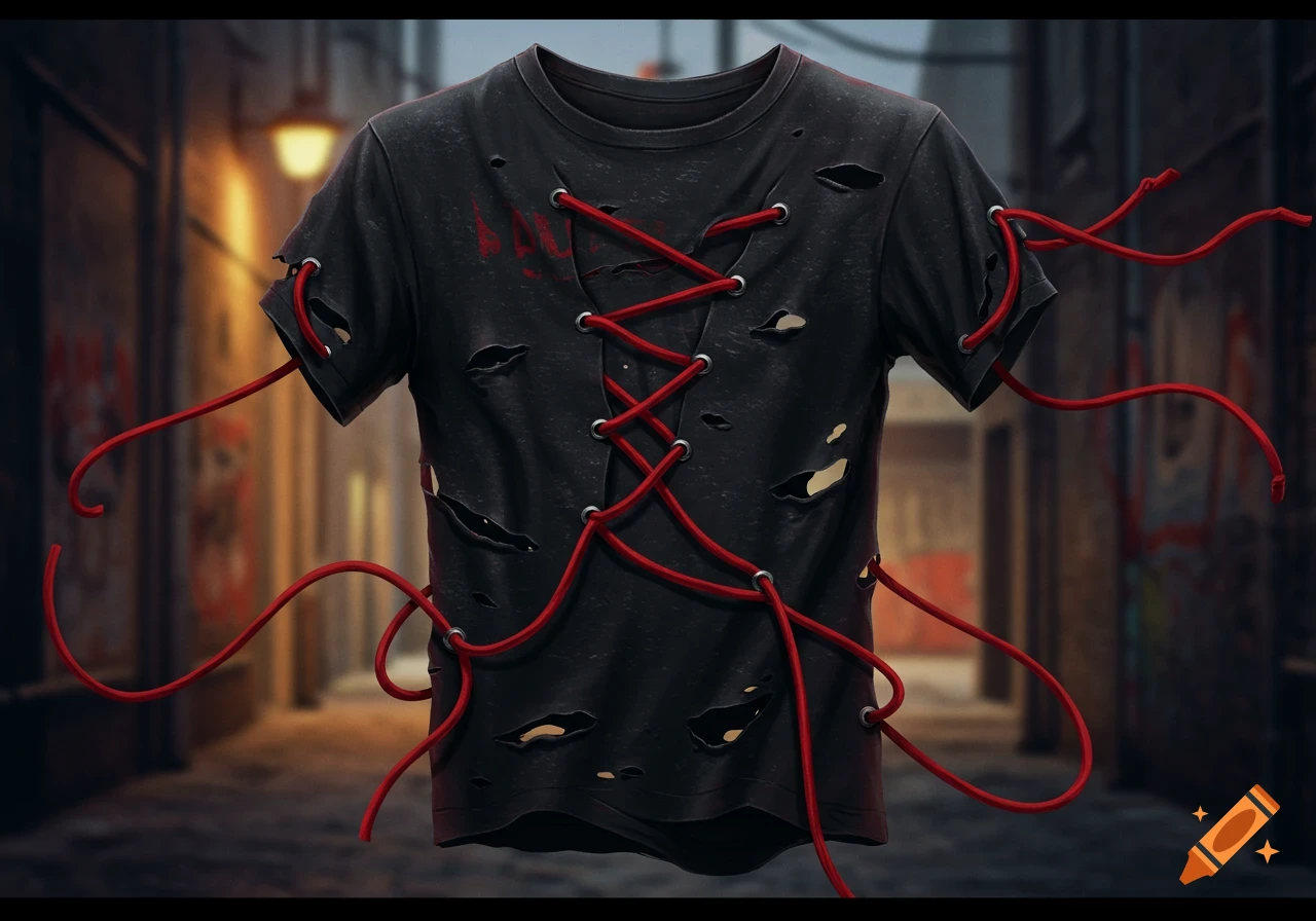 A black distressed t-shirt with red laces tied through holes, set in a dark alleyway.