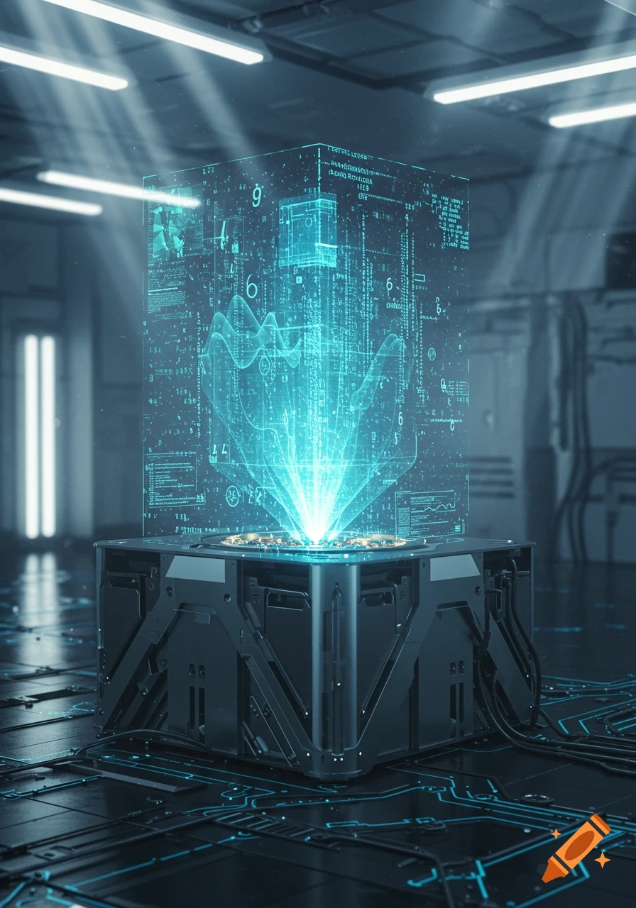 A futuristic quantum computer with a glowing blue holographic display showing data and waveforms in a dark lab.