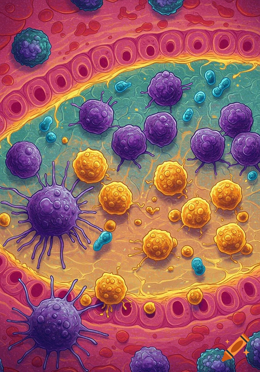 Vibrant cartoon illustration of various cells, including spiky purple cells, round yellow cells, and smaller blue cells, within a layered biological structure.