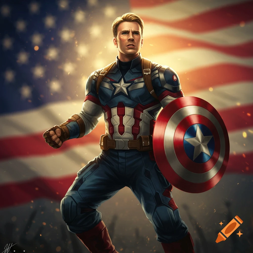 Captain America in his iconic suit holds his shield against a backdrop of the American flag with warm, glowing light.