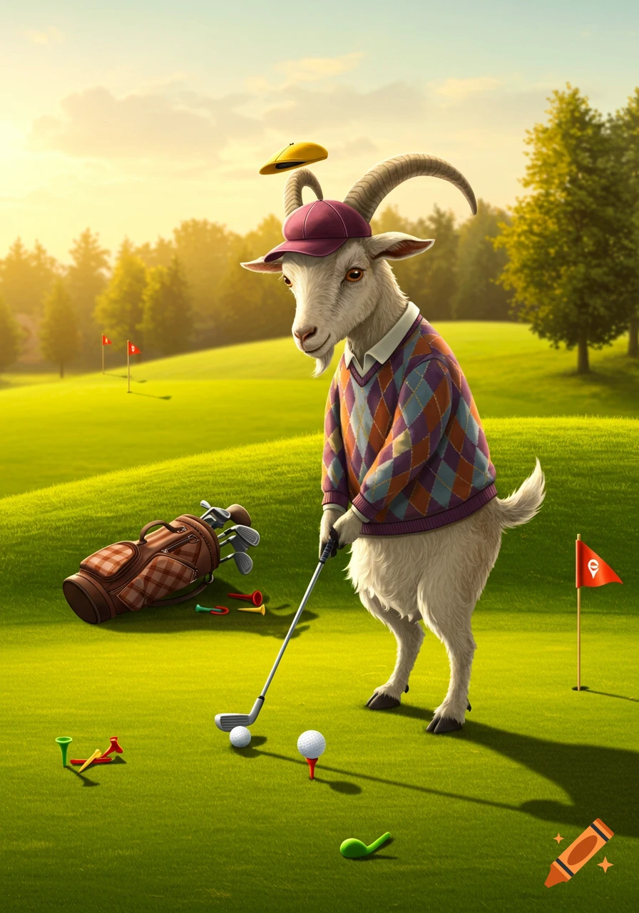 A cartoon goat in a sweater and hat on a golf course, holding a club over a golf ball.