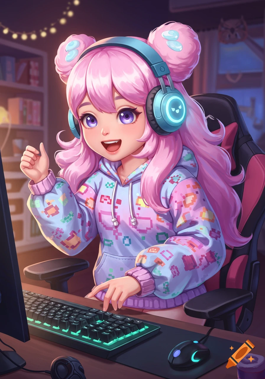 Cute anime-style gamer girl with pink hair and headphones gives a thumbs-up while sitting at a computer desk, gaming.