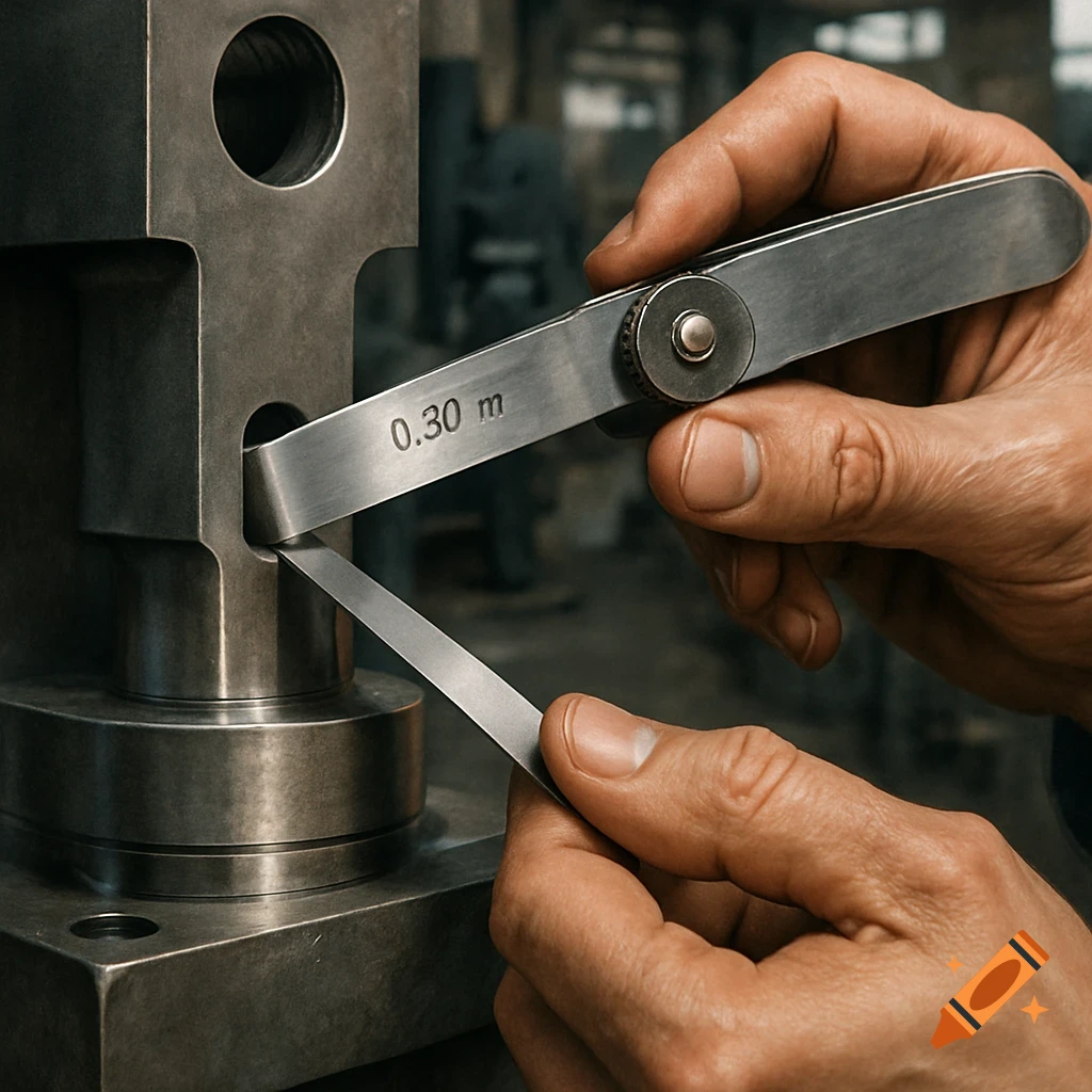 Close-up of a technician's hands using a feeler gauge to measure a gap between metal parts in an industrial setting.