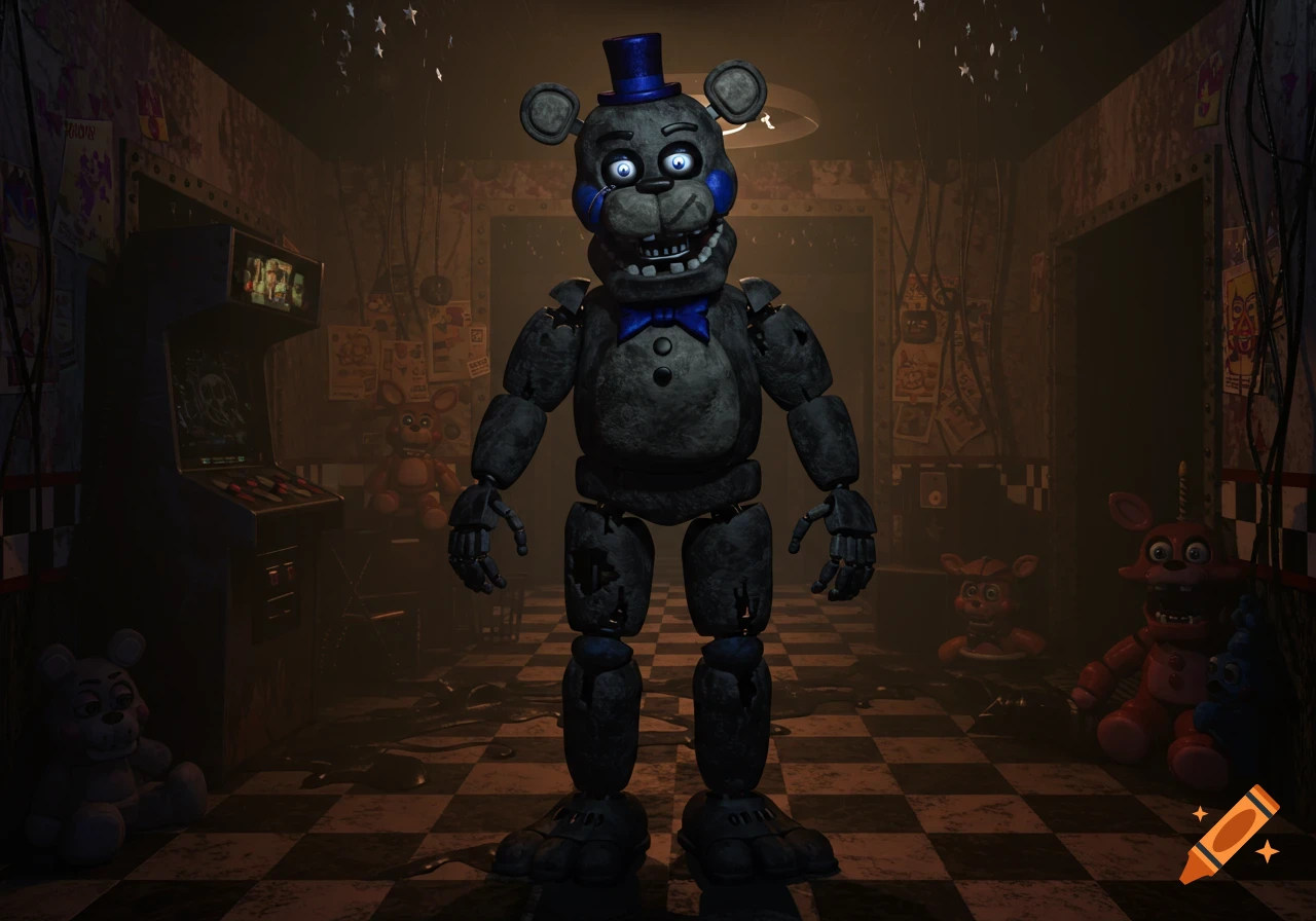 A dark grey animatronic bear with a blue top hat and bowtie stands in a dimly lit, rundown room with arcade machines and plush toys.
