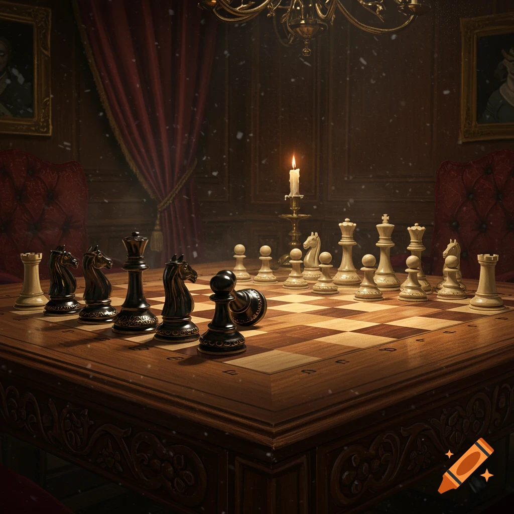 A close-up of a chess game on a wooden board in a dimly lit, luxurious room with red curtains and falling snow.