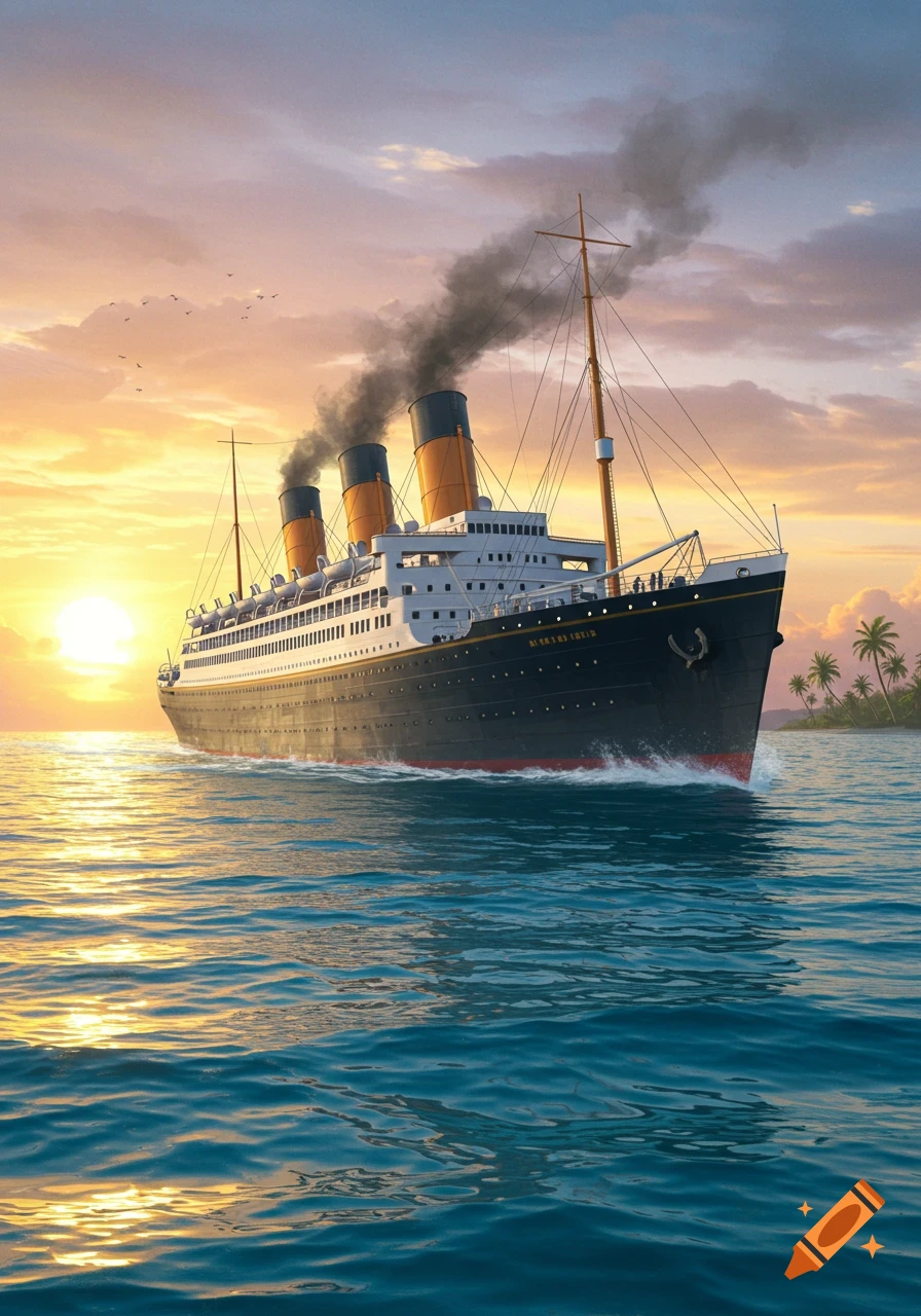 A large, black and white ocean liner with three yellow smokestacks sails on blue water at sunset, with palm trees on a distant island. Photorealistic style.