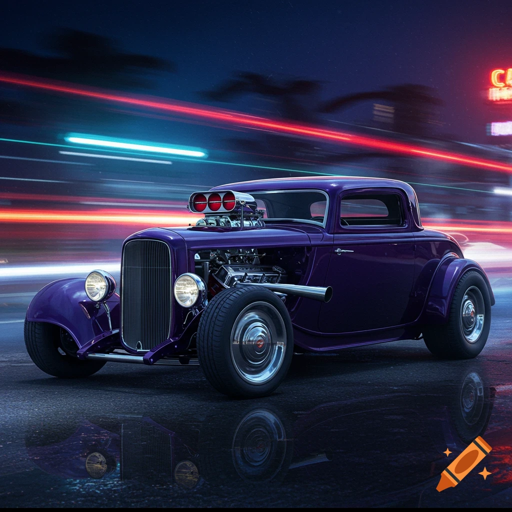 A shiny purple 1932 Ford hot rod with a blown big block engine on a wet road at night, with blurred light trails in the background.