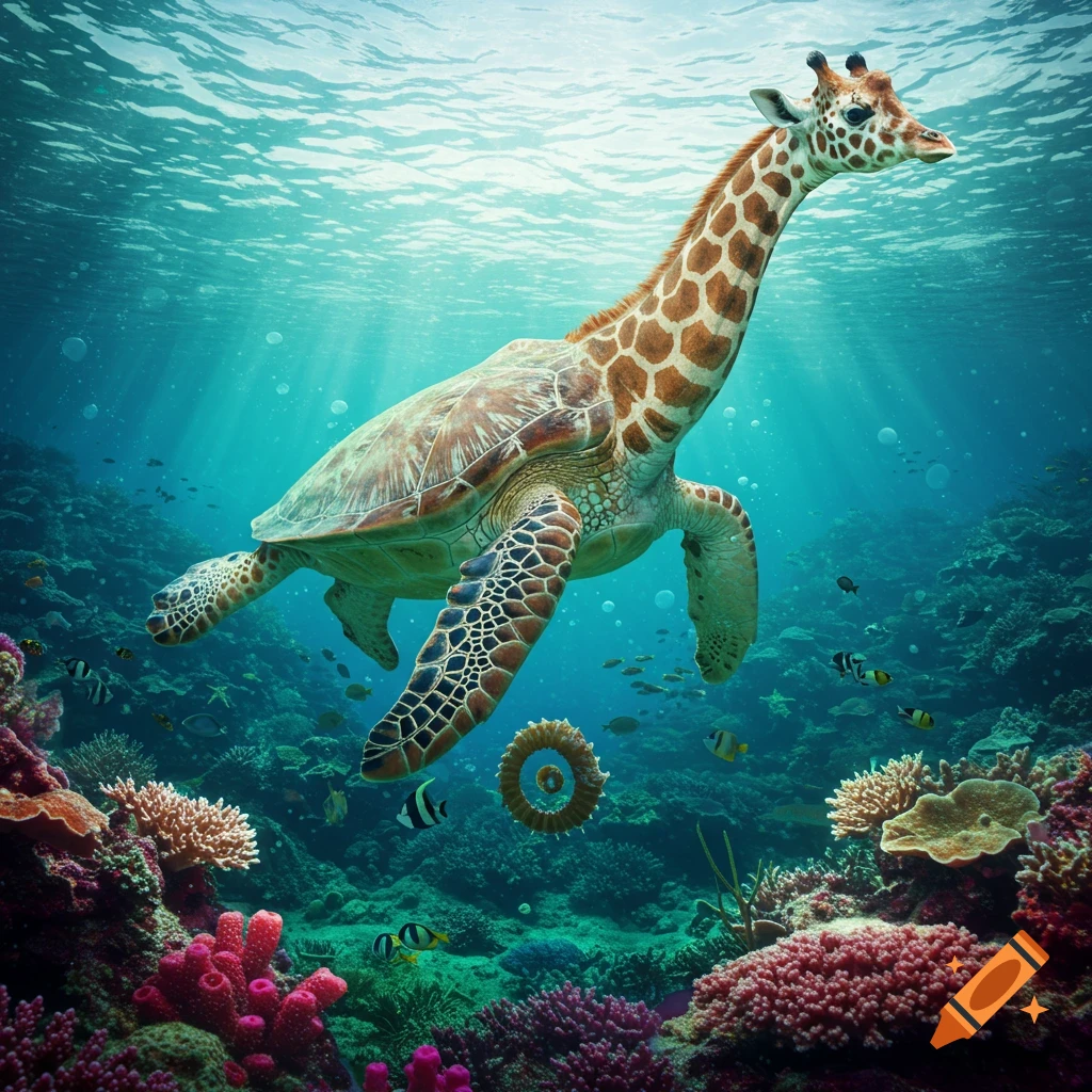 Photorealistic image of a hybrid giraffe-turtle swimming gracefully above a vibrant coral reef, with schools of small fish.
