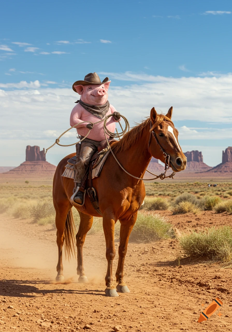 A happy pink pig wearing a cowboy hat and bandana rides a brown horse through a dusty desert landscape with mesas.