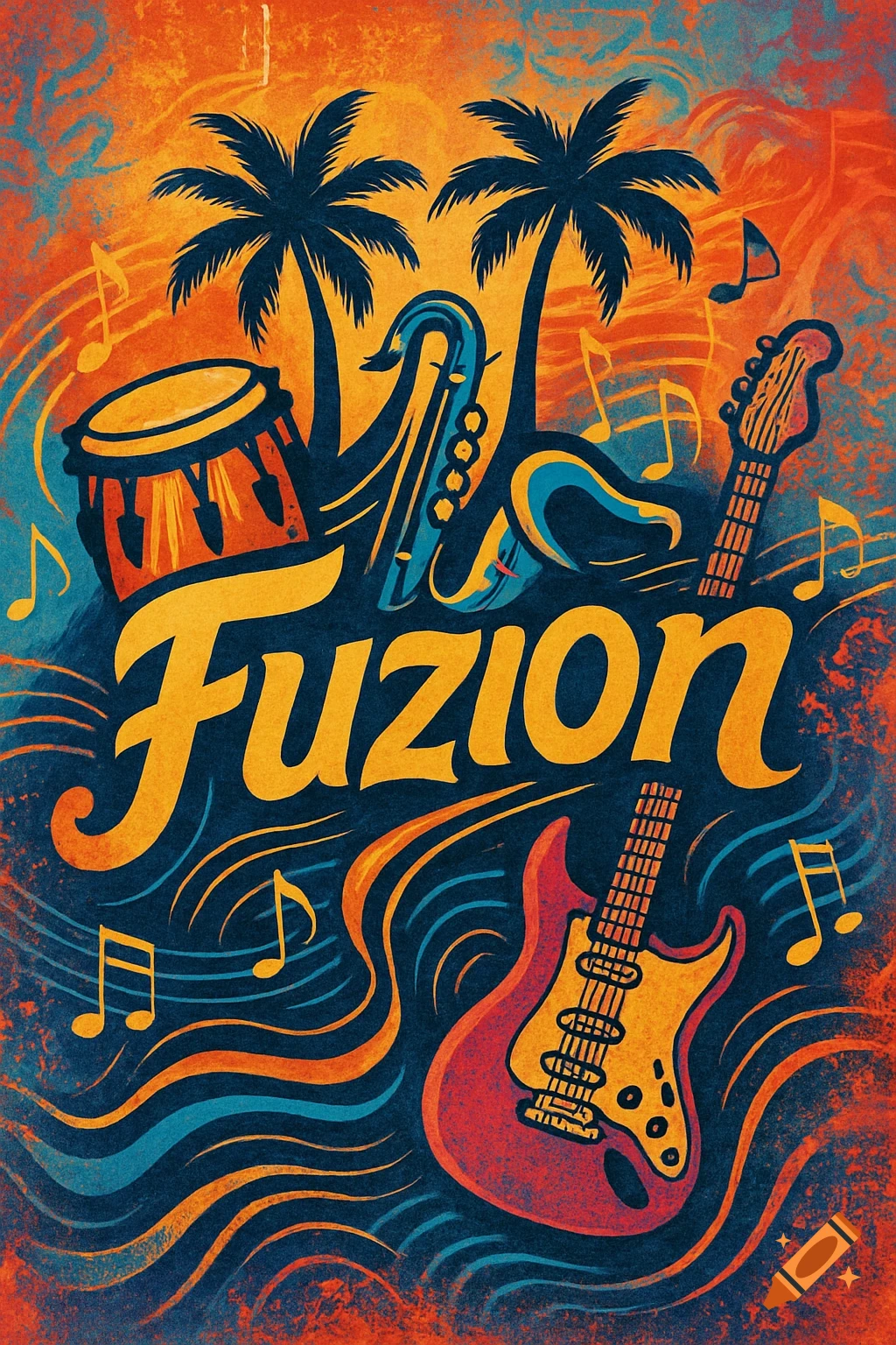 Colorful, grungy band poster for 'Fuzion' with tropical palm trees, a drum, saxophone, guitar, and musical notes amidst abstract waves.