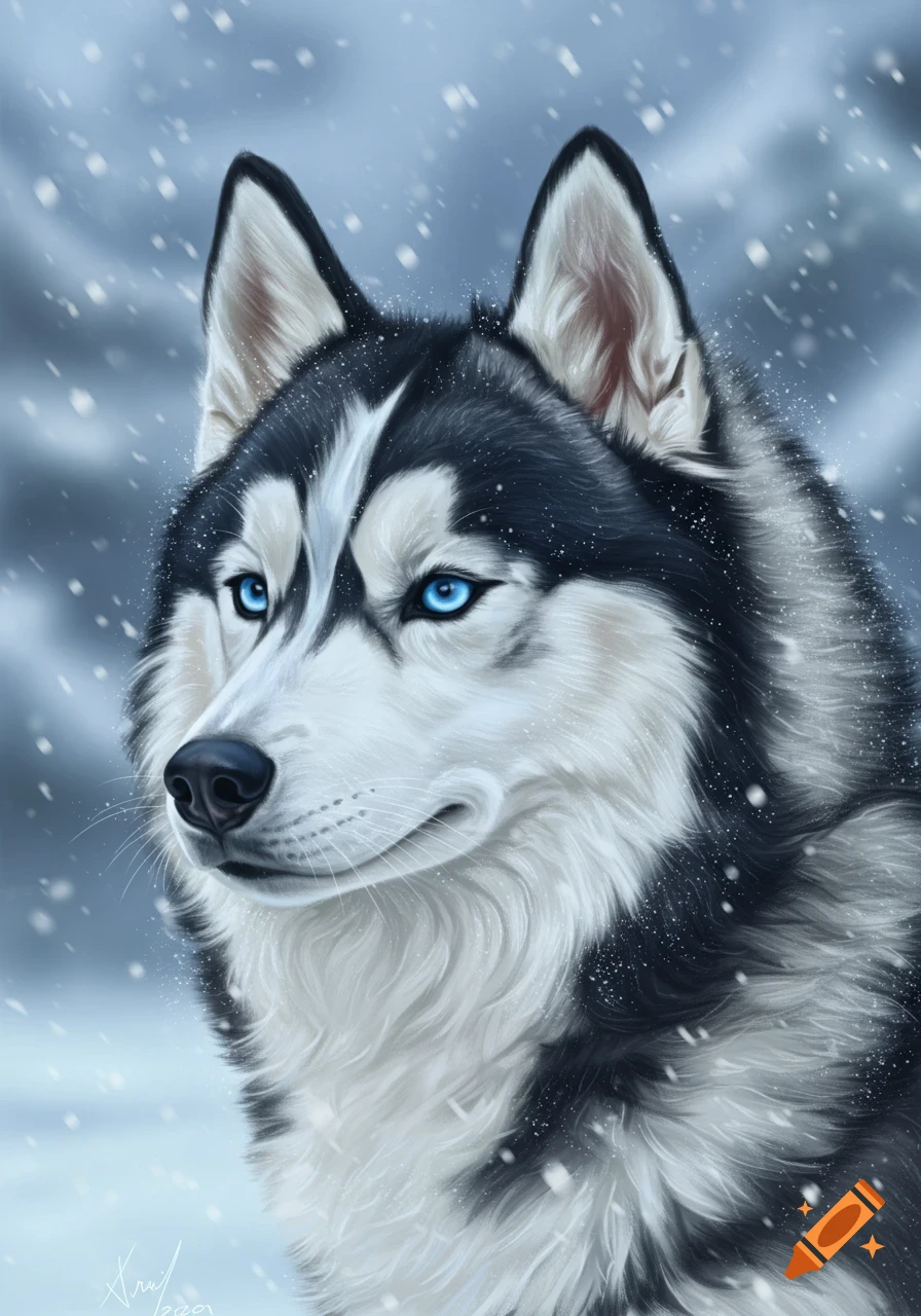 A detailed digital painting of a black and white husky with striking blue eyes, looking to the left, with snow falling.