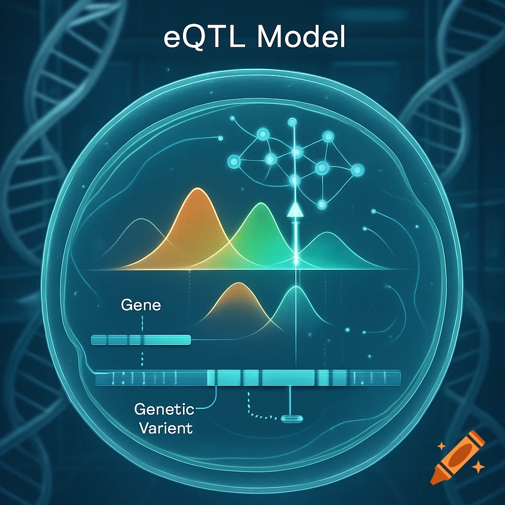 A futuristic scientific diagram of an eQTL model showing DNA helices, gene and genetic variant labels, and graphical representations of gene expression.