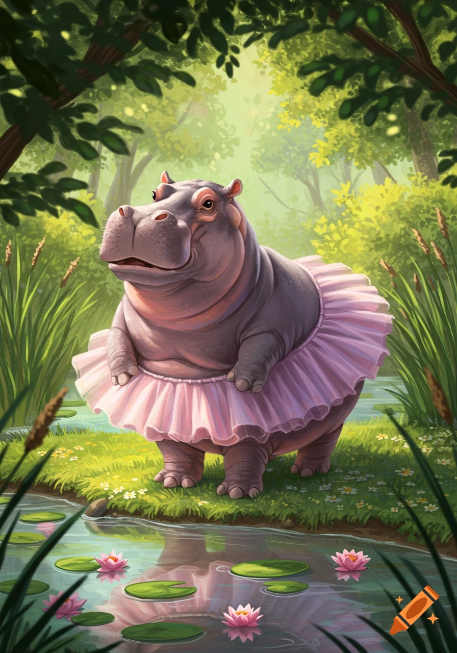 A whimsical illustration of a happy hippo in a pink tutu standing by a lily pad pond in a lush forest.
