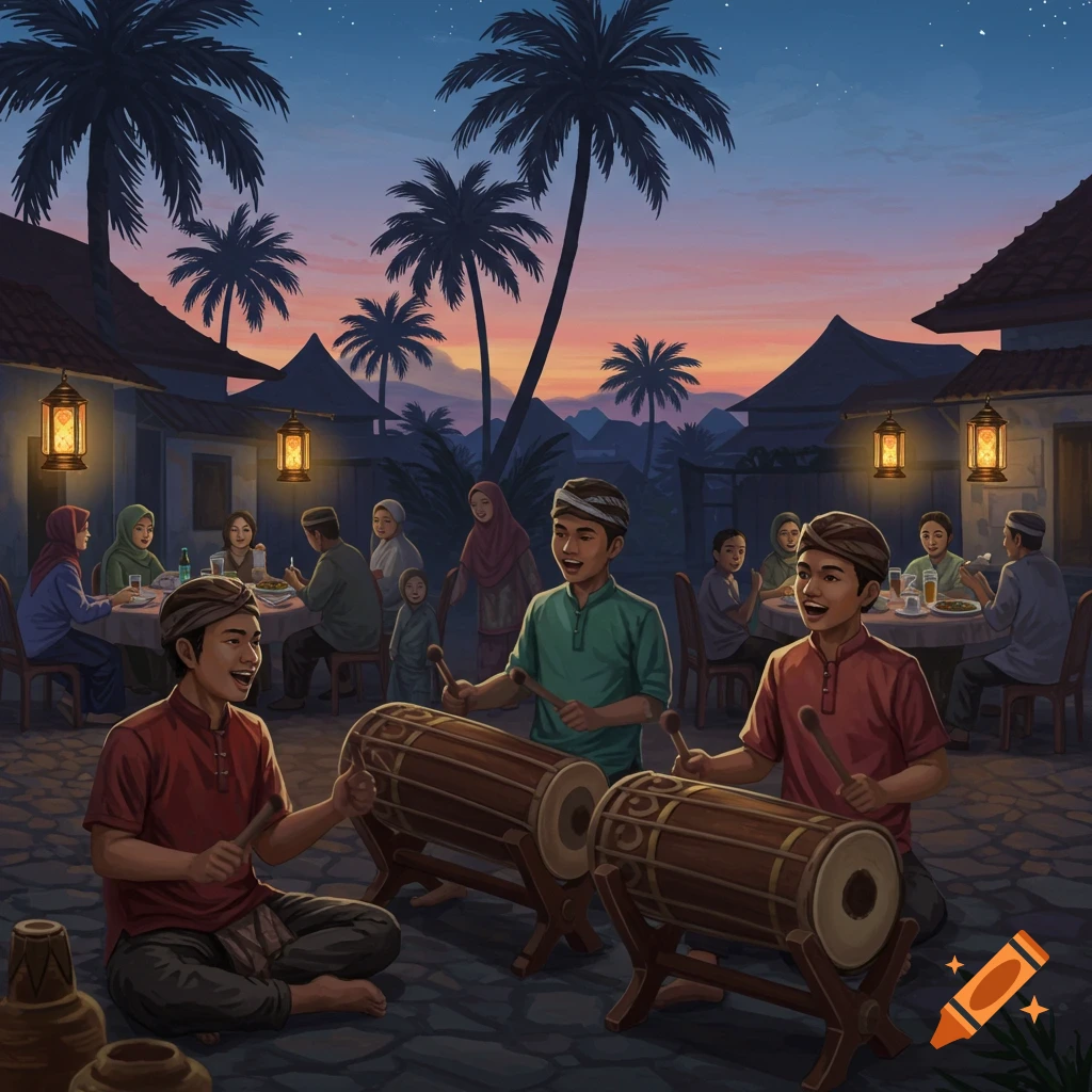 A vibrant illustration of a community gathering at dusk. Two men play traditional drums while others dine at outdoor tables under palm trees and a starry sky.