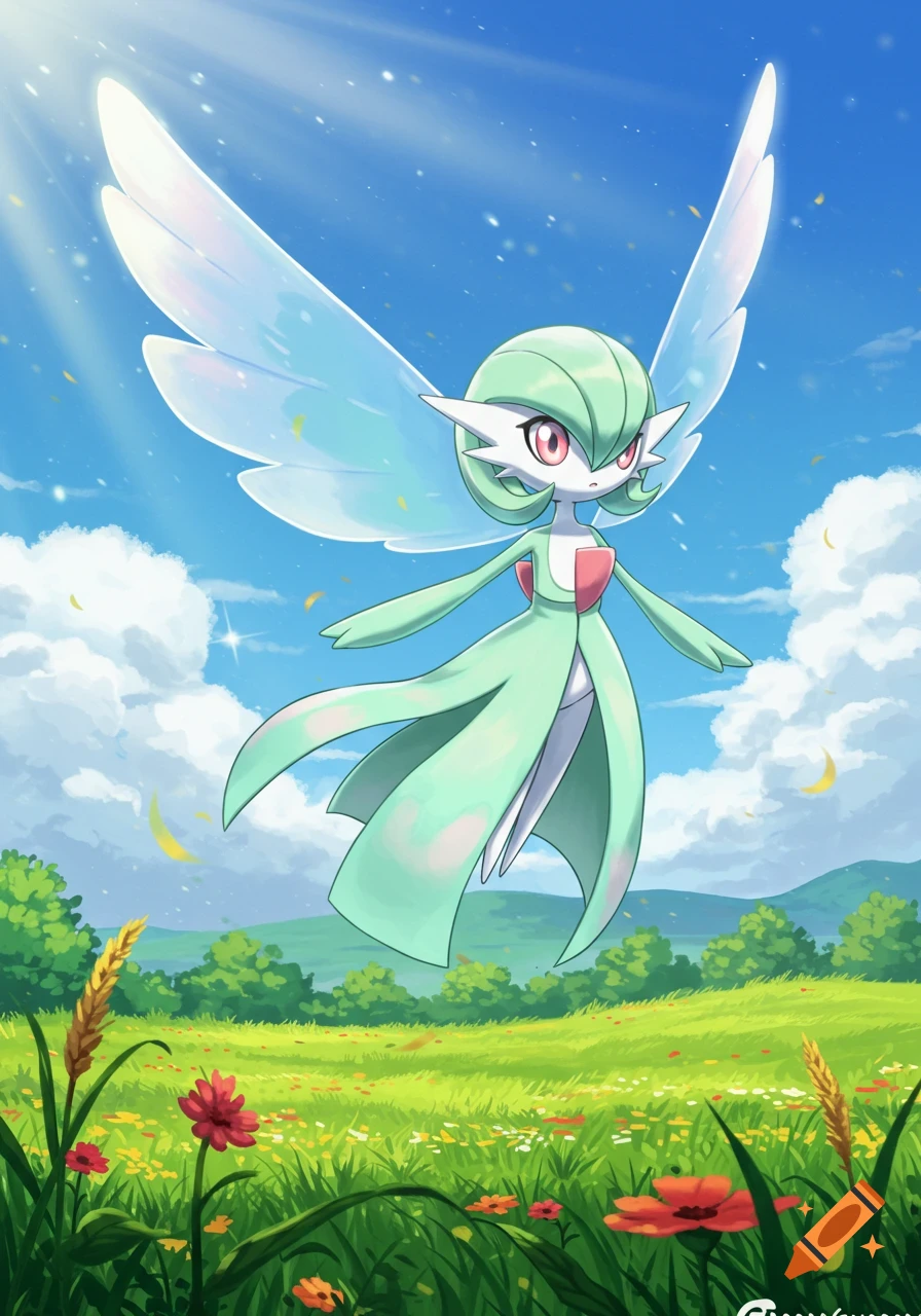 A fairy-like Pokémon with translucent wings floats over a vibrant green field with flowers under a bright blue sky, in an anime art style.