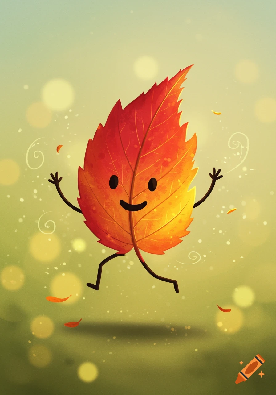 A cheerful, cartoonish autumn leaf with stick arms and legs, smiling, running against a blurred green and yellow background with bokeh lights.