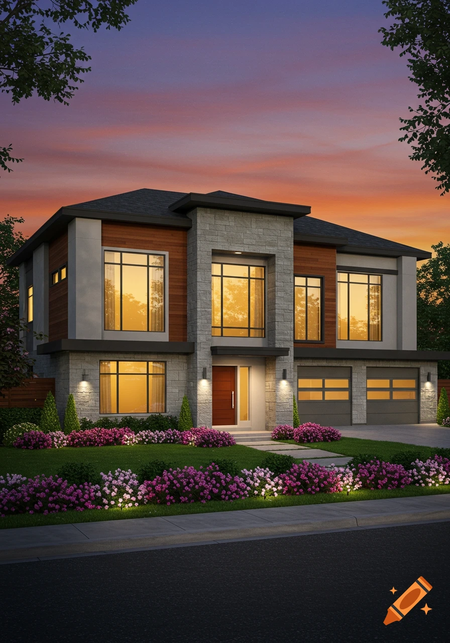 A modern two-story house with stone and wood siding, large windows, and manicured landscaping under a vibrant sunset sky.