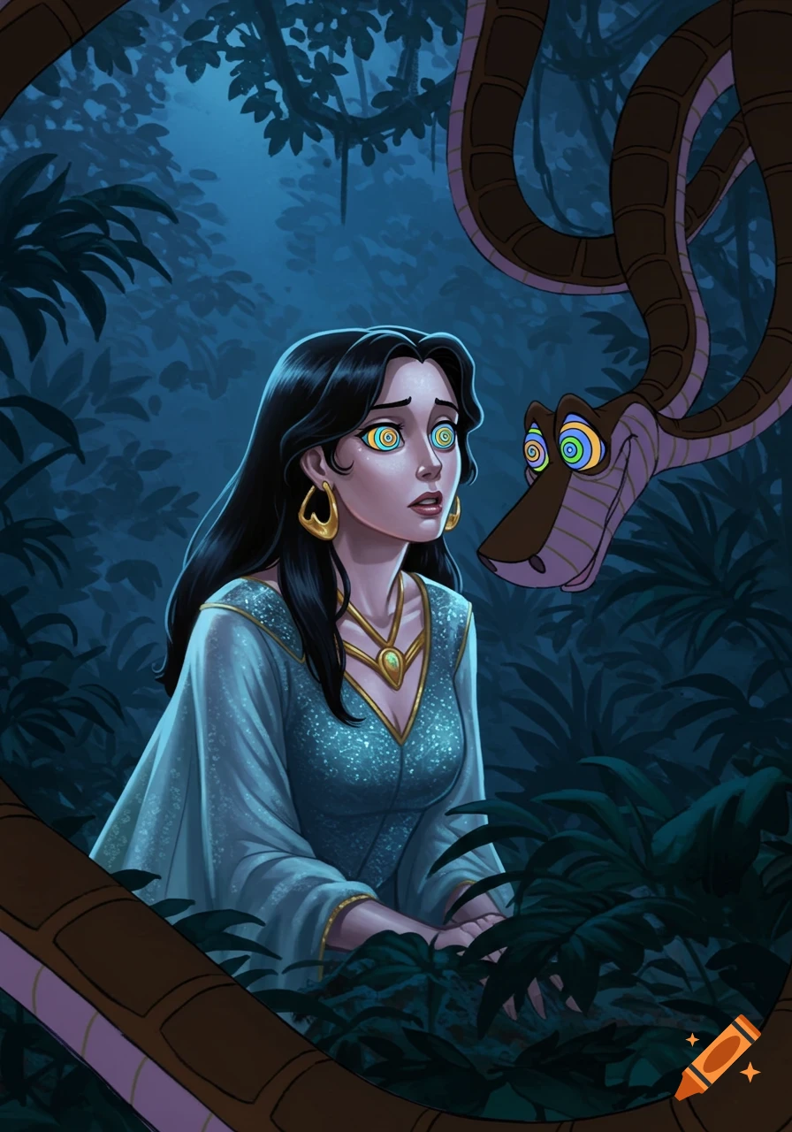 A woman with long dark hair and a light blue dress is hypnotized by a large brown snake in a dark jungle.